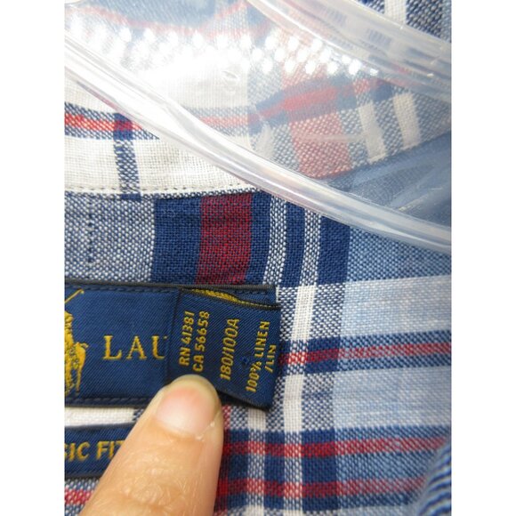 Ralph Lauren Shirt Large Linen Plaid Button Down Red Pony Classic Fit - Picture 10 of 11